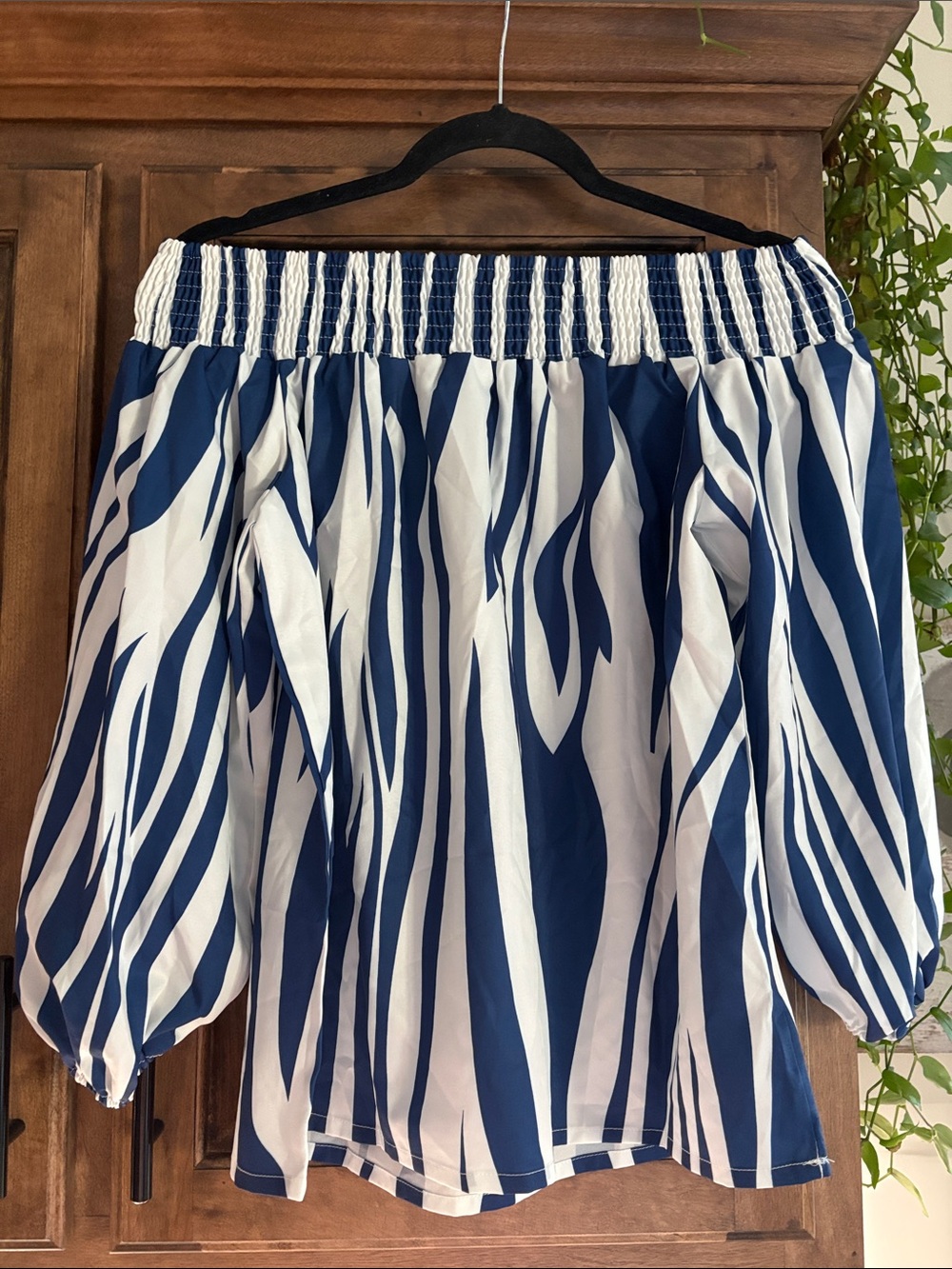 Source Unknown Navy & White Off-Shoulder Smocked Blouse